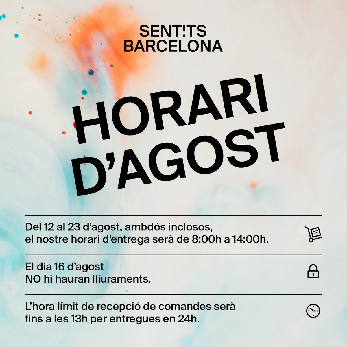 Per tots aquells que encara tingueu dubtes del nostre horari d'agost, aquí el teniu!
Excepcionalment, el dia 16 d'agost no es faran lliuraments, així que recordeu fer les comandes abans.
#sentitsbarcelona #vinsipersones #vicatala #vacances #lliuraments