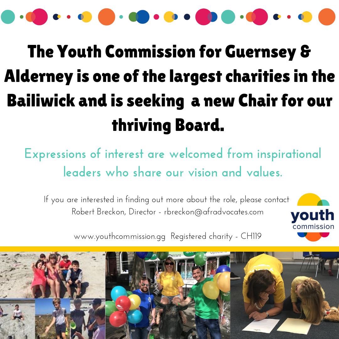 ** Youth Commission Chair **

Would you like to give back to the community &amp; play a vital role in our charity as Chair of our Board?  

We are looking for a passionate individual who shares our vision &amp; values to support children and young people in the Bailiwick #chair #leader