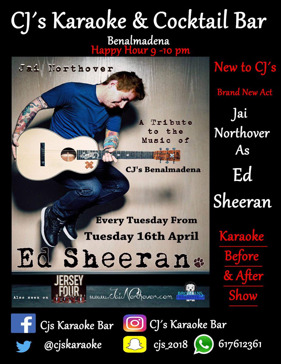 mamacathspain's tweet image. Tonight at cjs , karaoke 9 pm followed by the fantastic Jai as ed sheeran then more karaoke , happy hour 9 till 10pm , come and join us at cjs for a great fun night out xxx #teamcjs #ilovecjs.com #thebestcocktails #edsheeran #karaoke