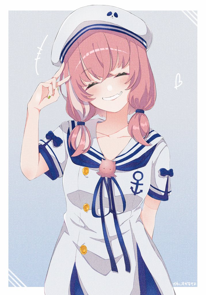 sasaki saku 1girl hat solo smile pink hair closed eyes v  illustration images