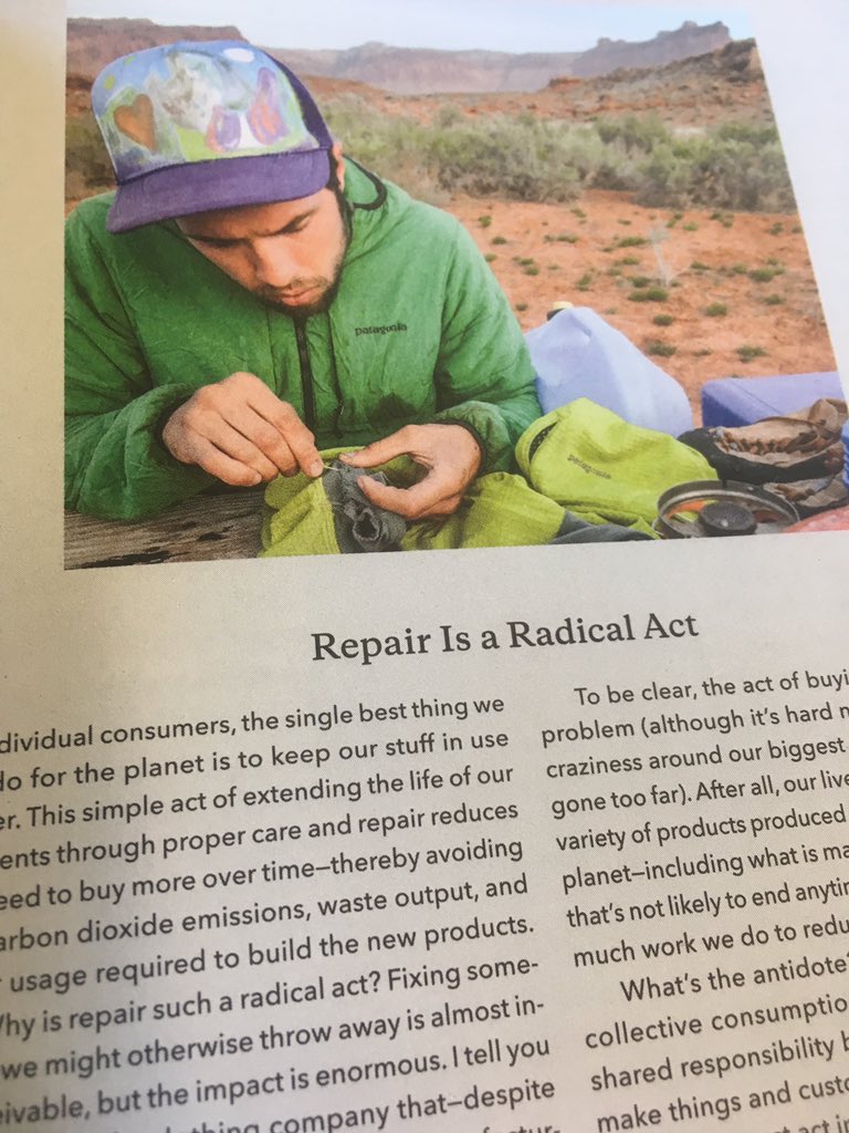 SamMould's tweet photo. Just reading ‘let my people go surfing’ by Yvon Chouinard. REPAIR IS A RADICAL ACT is as relevant now to the philosophy of living as it was when @patagonia was founded. Thanks @homeofmillican for an awesome repair on my wicked millican bag💛#millican #mendandmakedo #lovetheplanet https://t.co/DSWFSAQt4X