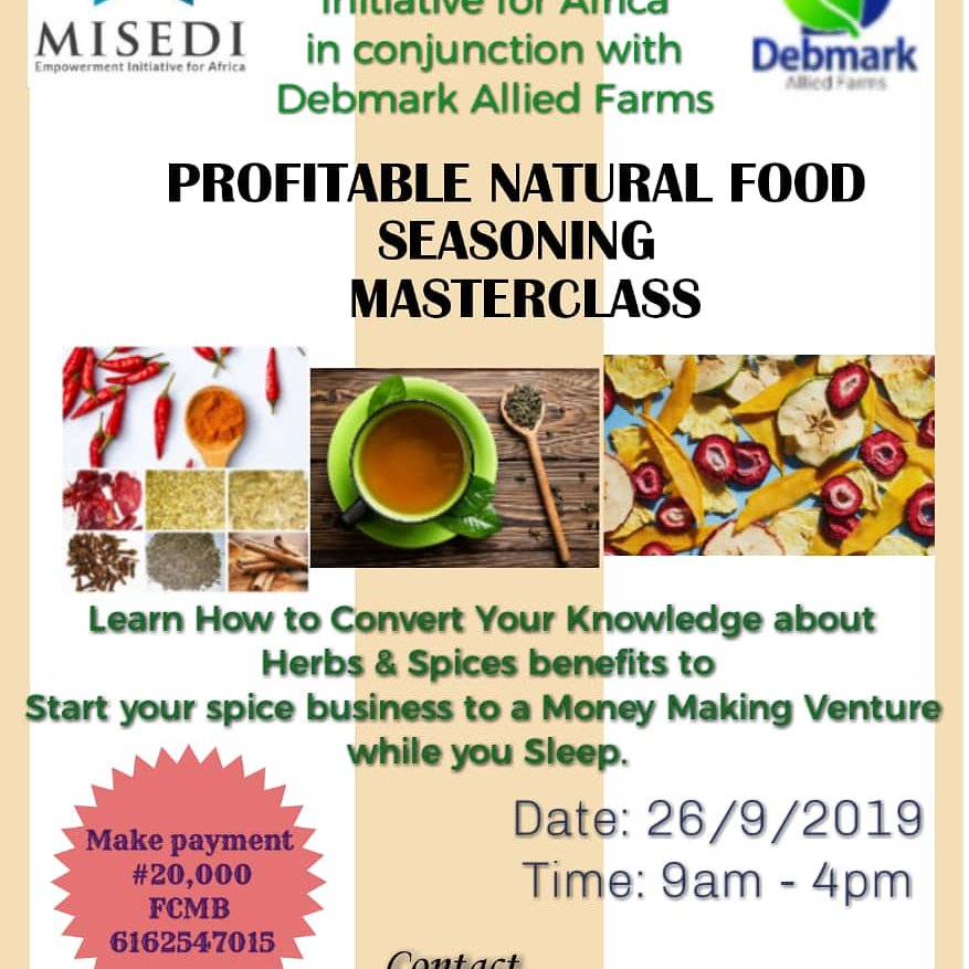 MisediFor's tweet photo. #MISEDI Empowerment Initiative for Africa @misedifor in Collaboration with Debmark Allied Farms @debmarkherbs presents Profitable Natural Food Seasoning Masterclass.
#MISEDI
#Training
#naturalhealthadvocate
#Womenempowerment
1/5 https://t.co/d6GsCJeEvP