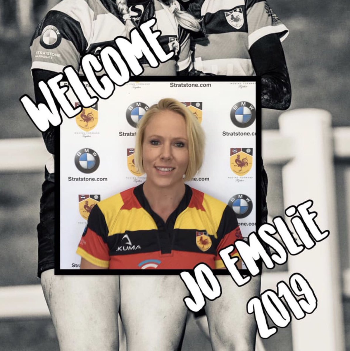 HarrogateLRUFC's tweet photo. A big welcome to Jo Emslie for the 2019-20 season!  ❤️💛🖤 #harrogate #harrogaterugby #northyorkshire #yorkshire #yorkshirerugby #championship #slingsby #stratstonebmw #akuma #lilycomms https://t.co/TF8Gvs7AxT