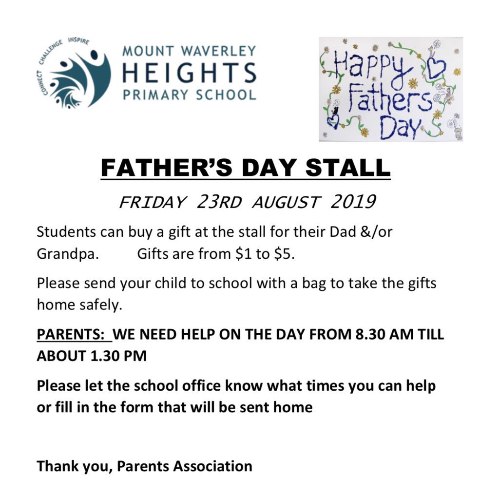 MountPs's tweet photo. Our Father’s Day Stall is quickly approaching!
If you can assist on the day, please contact the school office. Thank-you #MWHPS https://t.co/eJU3ClwhaG
