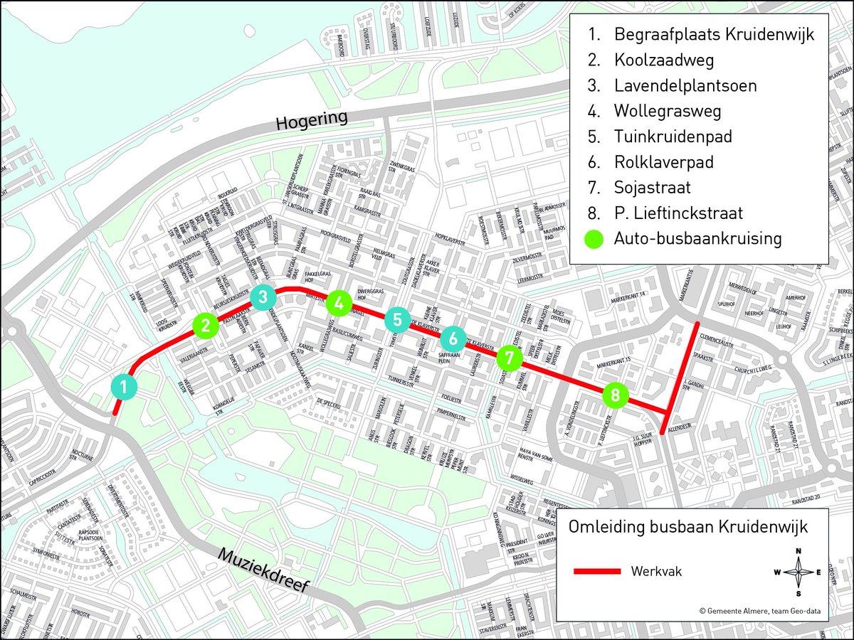 almere's tweet photo. Tussen 16 augustus en 19 augustus wordt er gewerkt aan de busbaan door Kruidenwijk van de Spaakstaat (Staatsliedenwijk) tot de Muziekdreef. De bussen worden omgeleid, kleine busjes rijden door de wijk om reizigers naar de bus te brengen. https://t.co/Kxz7vjzOHn https://t.co/GzySPdAV1T