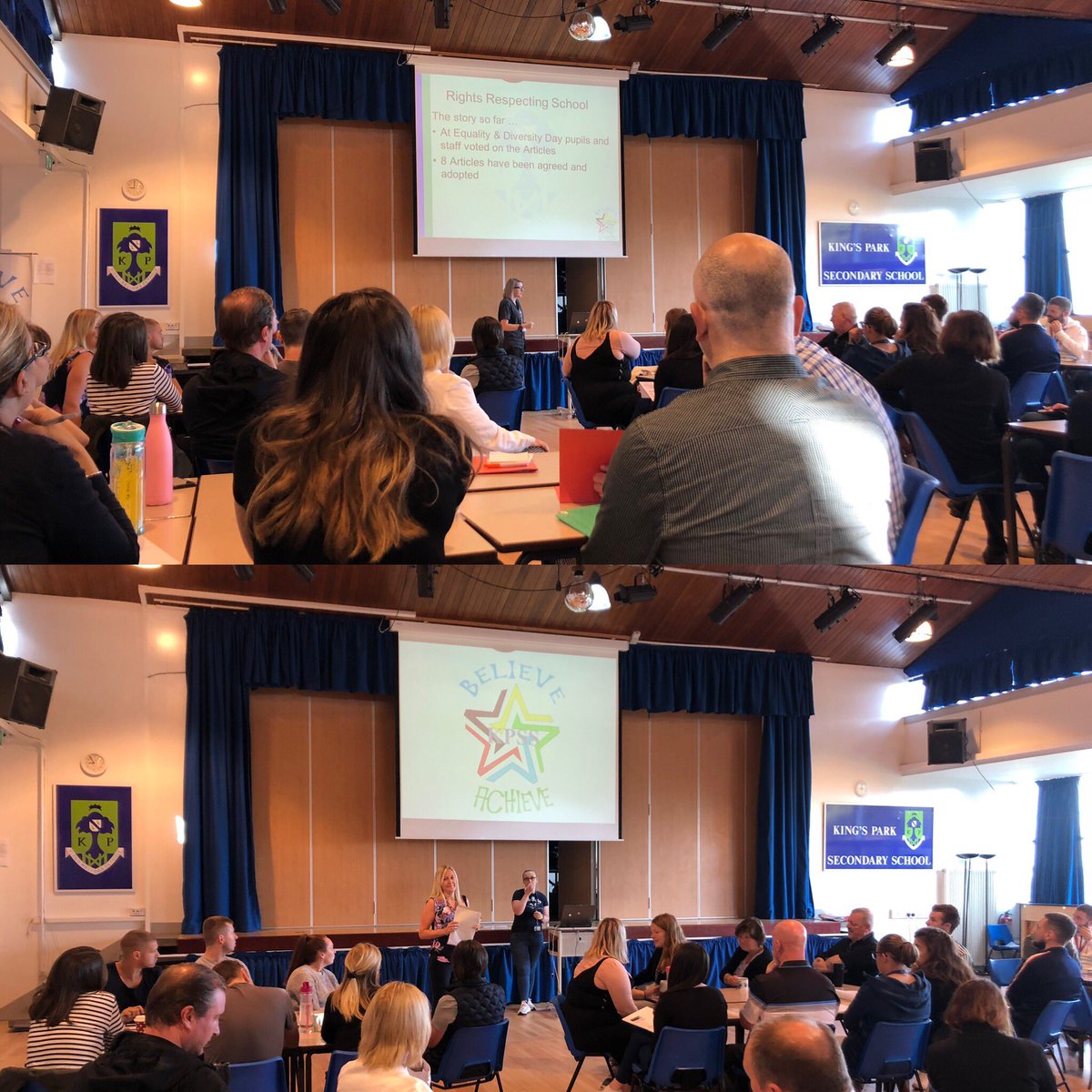 KingsParkSec's tweet image. Delighted to see everyone back for our second inset!😄 Geared up and ready to go, with a session on our progress with Rights Respecting Schools. #rightsrespectingschools #readytolearn #goingforbronze  #believeachieve