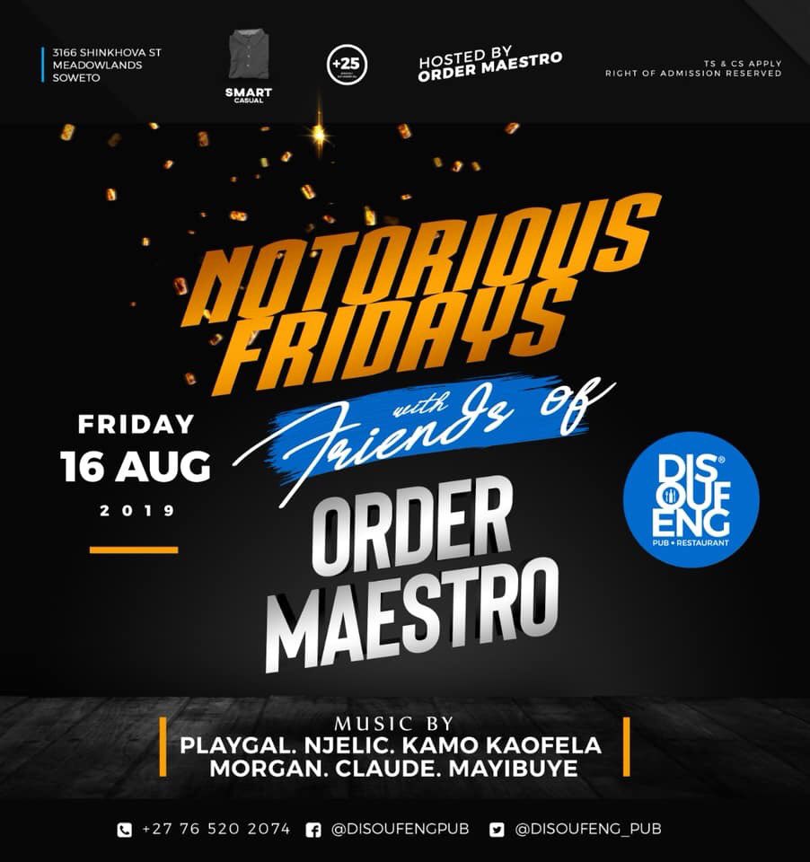 DISOUFENG_PUB's tweet photo. Thursday: #GoodMusicThursdays

Friday: #NotoriousFridays with Friends of #OrderMaestro

Saturday: #OneNightWithDJZinhle

#summerkeyarona
#retlabonakopele https://t.co/Ns472BNMAb