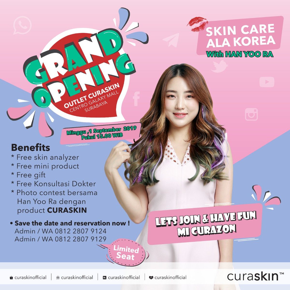 curaskinofc's tweet photo. Eonnie cetar @hanyooraonni bakal ngisi acara di @curaskinofc loh ๐ Penasaran ? Dateng ya ke Centro Galaxy Mall Surabaya ๐
โ โ โ โ โ โ
Save tanggalnya dan dapatkan banyak benefitnya, share postingan ini dan ajak temen-temen kamu ya ๐
Seat terbatas !
#hanyoora #dialogdikamar https://t.co/HSHjGJ5yxq