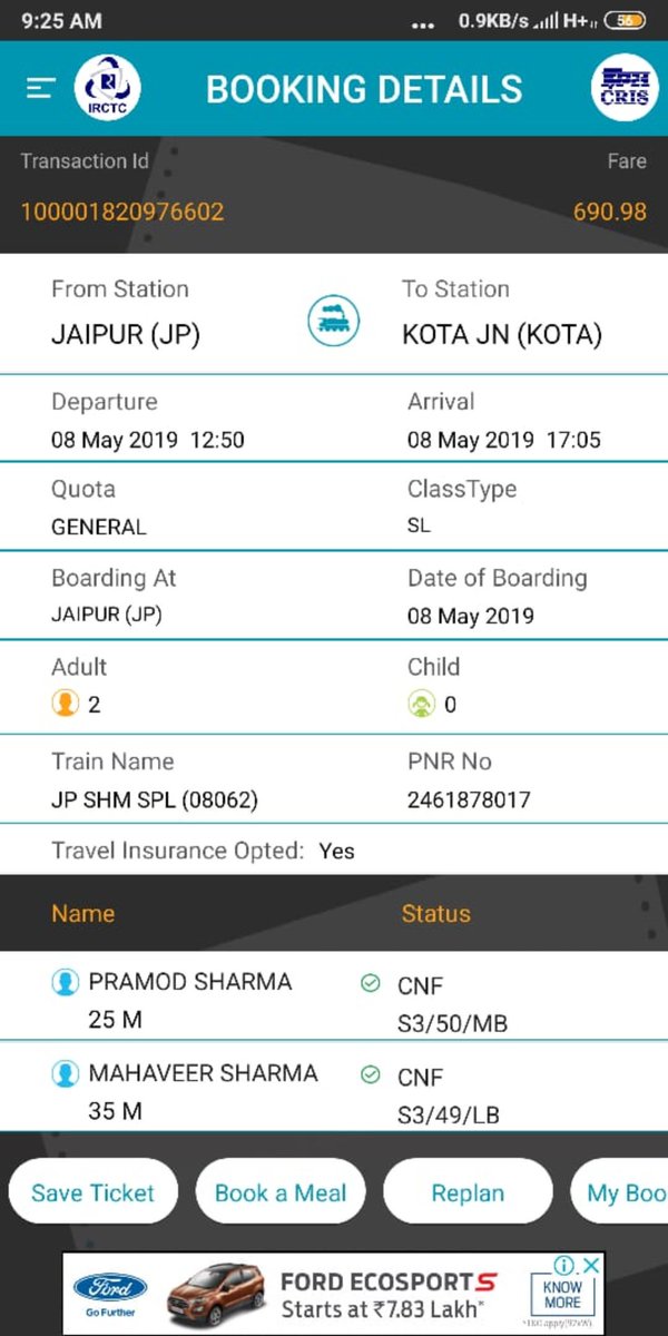 MMmeena5's tweet photo. @DRMJaipur @RailMinIndia @PiyushGoyal @drmkota This was journey schedule and me file TDR at that time https://t.co/LdtLuB9rFf