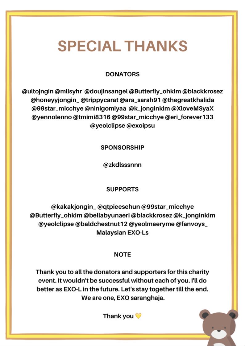 BearJonginnie_'s tweet photo. "Spread Love & Happiness" ๐
#88DAY_KAI Charity Event UPDATE
FULL REPORT & LUCKY DONATORS
#Kai88DayCharityEvent https://t.co/YqPNiPXanI