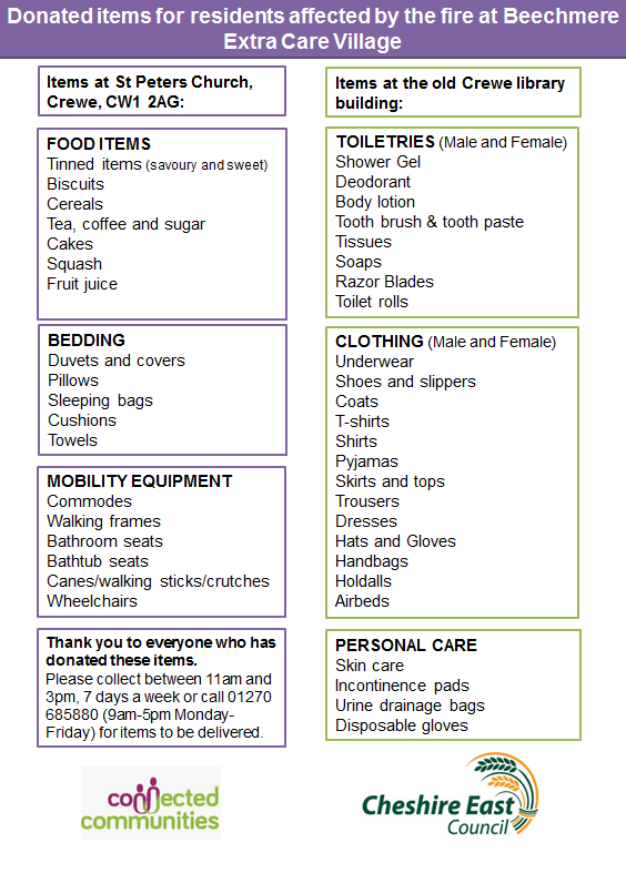 CheshireEast's tweet photo. The donations for those affected by the #BeechmereFire in #Crewe have now moved from the Crewe Lifestyle Centre.

Bedding, towels, food and disability equipment can be found at St Peters Church, Crewe and all the other items can be found at the old Crewe library building. https://t.co/zMEAe6jzfs