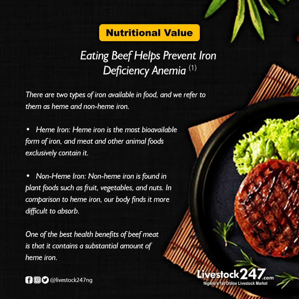 livestock247ng's tweet photo. Nutritional Value :- Eating Beef Helps Prevent Iron Deficiency Anemia (1)
There are two types of iron available in food, and we refer to them as heme and non-heme iron.
#livestock247 #livestock #nutritionalvalue #eatingbeef #eatingmeat #stayinghealthy #agritech #livestockfarming https://t.co/SjLl5gSpOD