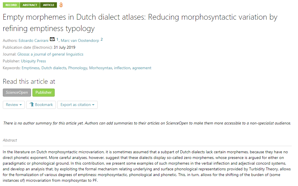 Science_Open's tweet photo. ‘Empty #morphemes in #Dutch dialect atlases: Reducing #morphosyntactic variation by refining emptiness #typology’ a new #openaccess @glossa_oa article by Edoardo Cavirani and @fonolog on #ScienceOpen: https://t.co/tbHID5f5rK https://t.co/1WmBukLAy6