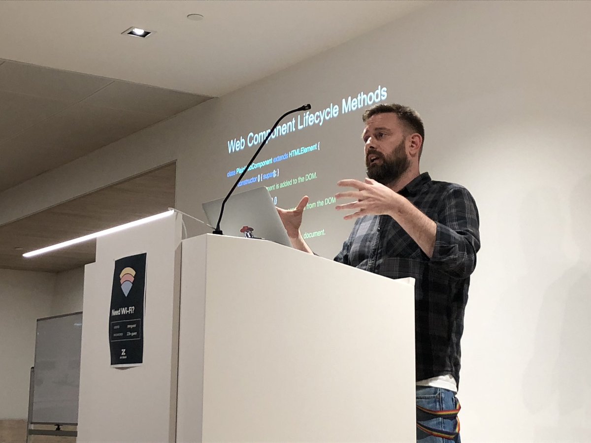 theWebMeetup's tweet image. Robin’s back to @theWebMeetup and this time @amindunited talks about using #WebComponents to solve the problem of sharing elements between projects that use different #javascriptLibraries and #frameworks.