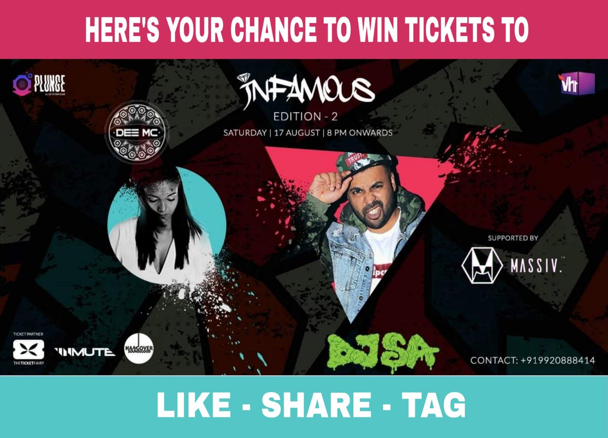 TicketFairyIN's tweet photo. ⚠️ #ContestAlert ⚠️
We’re giving away FREE 1+1 tickets for @hangoversounds presents #InfamousEdition2 at Plunge Lounge in #Pune!
Like, Share and Tag 5 friends whom you would like to watch @officialdjsa and @Deepa_DeeMC in your city!

Note: Contest valid for Pune peeps only. https://t.co/nIKCpzJq9E