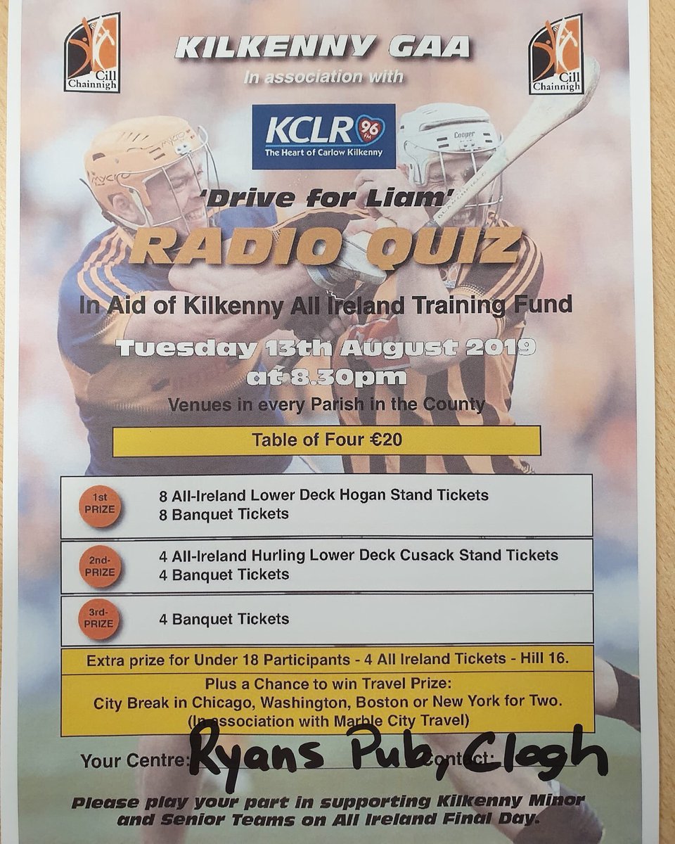 Just a reminder <a href="/RailyardGFC/">Railyard GFC</a> and <a href="/CloneenGaa/">Cloneen Gaa</a> will host the ‘Drive for Liam’ table quiz tonight in Ryan’s, Clogh. A table of 4 is €20 and the quiz starts at 8:30. <a href="/KilkennyCLG/">Kilkenny GAA</a>