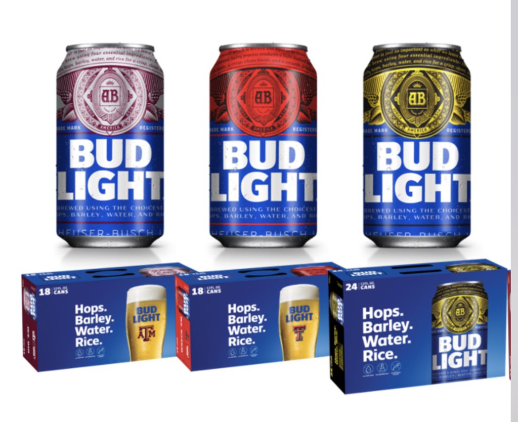 darrenrovell's tweet photo. Bud Light unveils college themed cans: Alabama, Virginia Tech, LSU, Texas A&amp;M, Texas Tech &amp; Iowa. LSU is only school that approved logo on can and packaging. https://t.co/RF9vQfCnlV