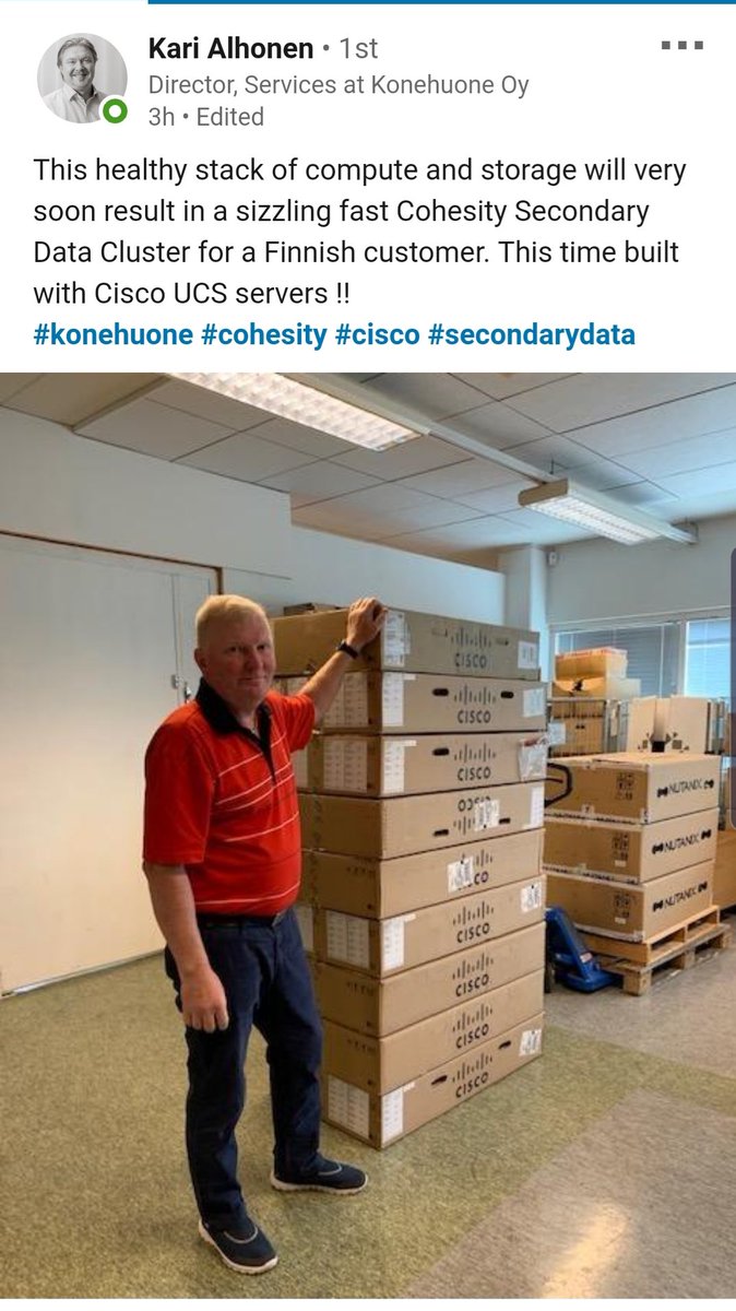 JussiJaurola's tweet photo. This shows true power of our platform. Solving customers three challenges with one platform: backups, nas and data analytics. This is first deployment for global customer with tens of sites around the world #Cohesity #Konehuone #RedefiningDataManagement https://t.co/ExERXH2hSX