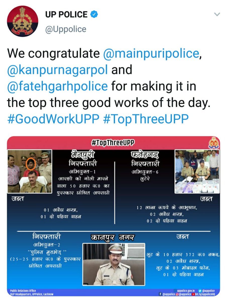 mainpuripolice's tweet photo. पुलिस अधीक्षक मैनपुरी अजय शंकर राय के कुशल निर्देशन व स्वाट टीम/थाना कोतवाली पुलिस की संयुक्त कार्यवाही द्वारा 50000 रू के इनामिया अभि0 की गिरफ्तारी के कारण आज मैनपुरी पुलिस को #TopThreeUPP #GoodWorkUPP में मिला प्रथम स्थान।
@Uppolice @dgpup @adgzoneagra @igrangeagra @News18UP https://t.co/IZOMGg3sK9