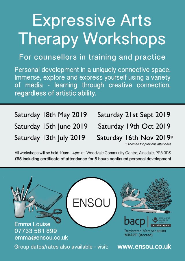 EnsouExpressive's tweet photo. AUTUMN DATES: Expressive Arts Therapy Workshops for counsellors in training &amp; practice, 

Saturday 21st Sept, 19th Oct, 16th Nov 2019

Explorative Self Care &amp; Personal Development Workshops. Visit https://t.co/2wtBnh5LUY 

#Counsellors #Liverpool #Southport #ExpressiveArtsTherapy https://t.co/8hX6z492AP