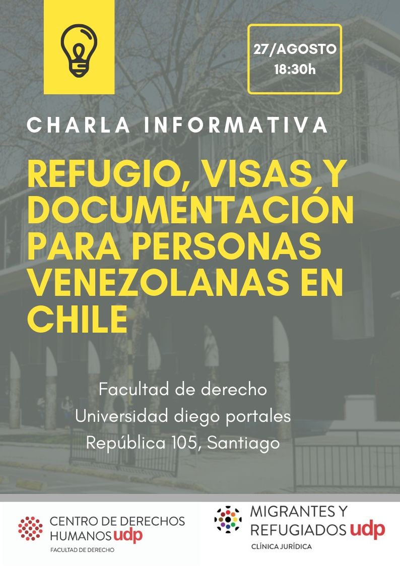 🌎🇻🇪 Si eres de Venezuela y tienes dudas acerca del refugio o de cómo acceder a visas, está charla es para ti! 🎉🎊 Ven a nuestra facultad el 27/08 a las 18:30 hrs y haz todas tus preguntas! Te esperamos 😉 <a href="/UDPDerecho/">Facultad Derecho UDP</a> <a href="/ddhh_udp/">Centro DDHH UDP</a>