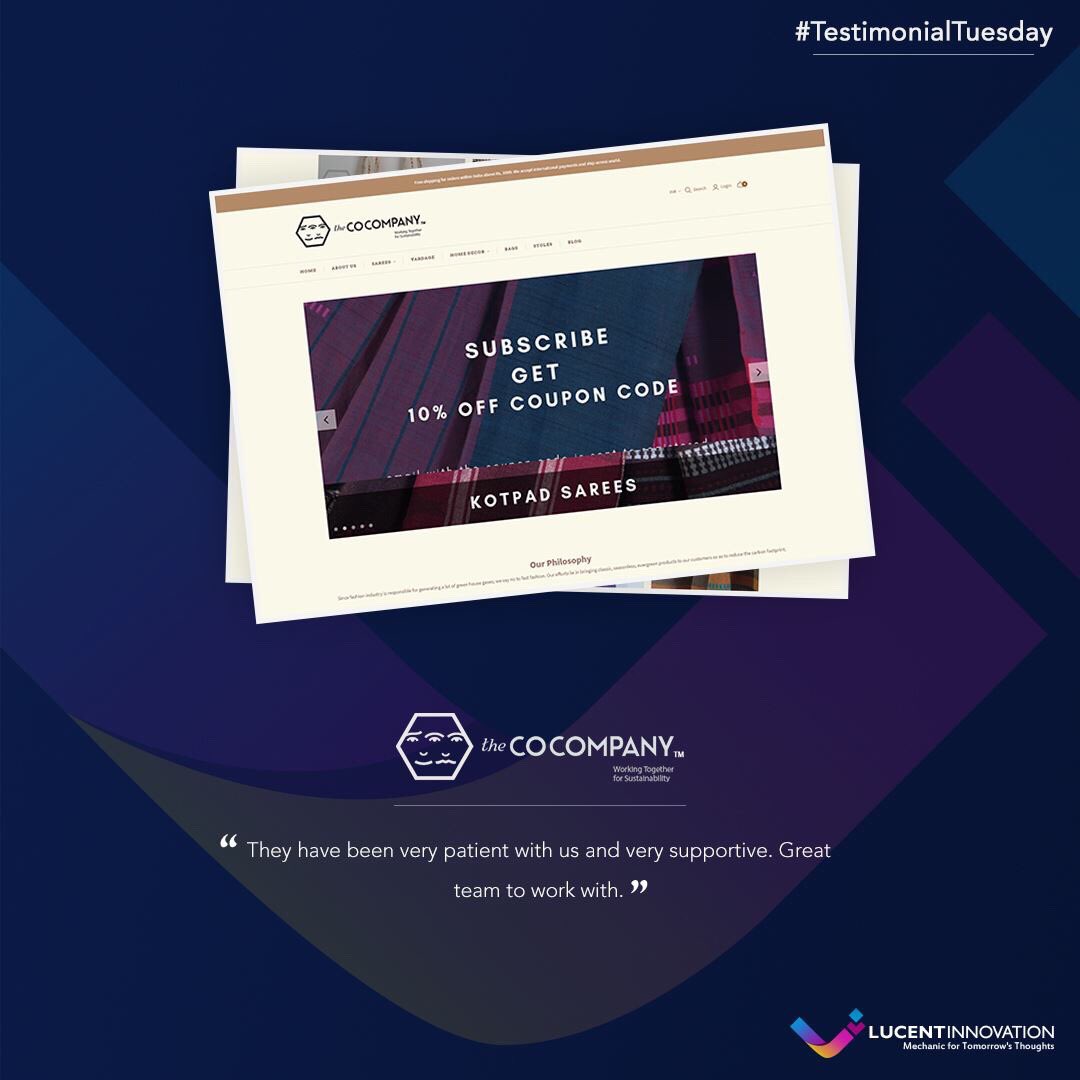 lucentinnov's tweet photo. Tuesday Testimonial
'They have been very patient with us and very supportive. Great team to work with.' - The Co Company #lucent #lucentinnovation #shopify #shopifypluspartner #shopifyexperts #tuesdaytestimonial https://t.co/ujIjVIIS7M