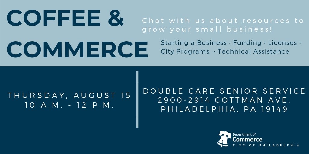 PhilaRevenue's tweet photo. Businesses in Mayfair and in surrounding areas of Oxford Circle, Rhawnhurst &amp; Holmesburg, if you have funding questions, need resources, need your tax questions answered, join @PHLCommerce, @PIDCphila &amp; PhilaRevenue at  Coffee &amp; Commerce, August 15!  The deets are below ⬇ https://t.co/E9LuNcvTuR