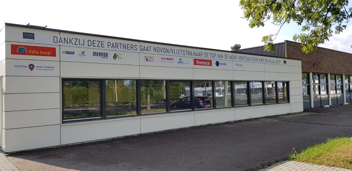 1e logo's staan op ons pand. Zichtbaar voor 10.000 ogen per dag, tot eind 2019! Je steunt team Novon/Vlietstra voor <a href="/kwf_nl/">KWFKankerbestrijding</a> en <a href="/villajoep/">Villa Joep</a> Mail logo naar info@novon.nl
- Logo Goud 3 x A3 formaat € 450,-
- Logo Zilver 2 x A3 formaat € 300,-
- Logo Brons 1 x A3 formaat € 150,-