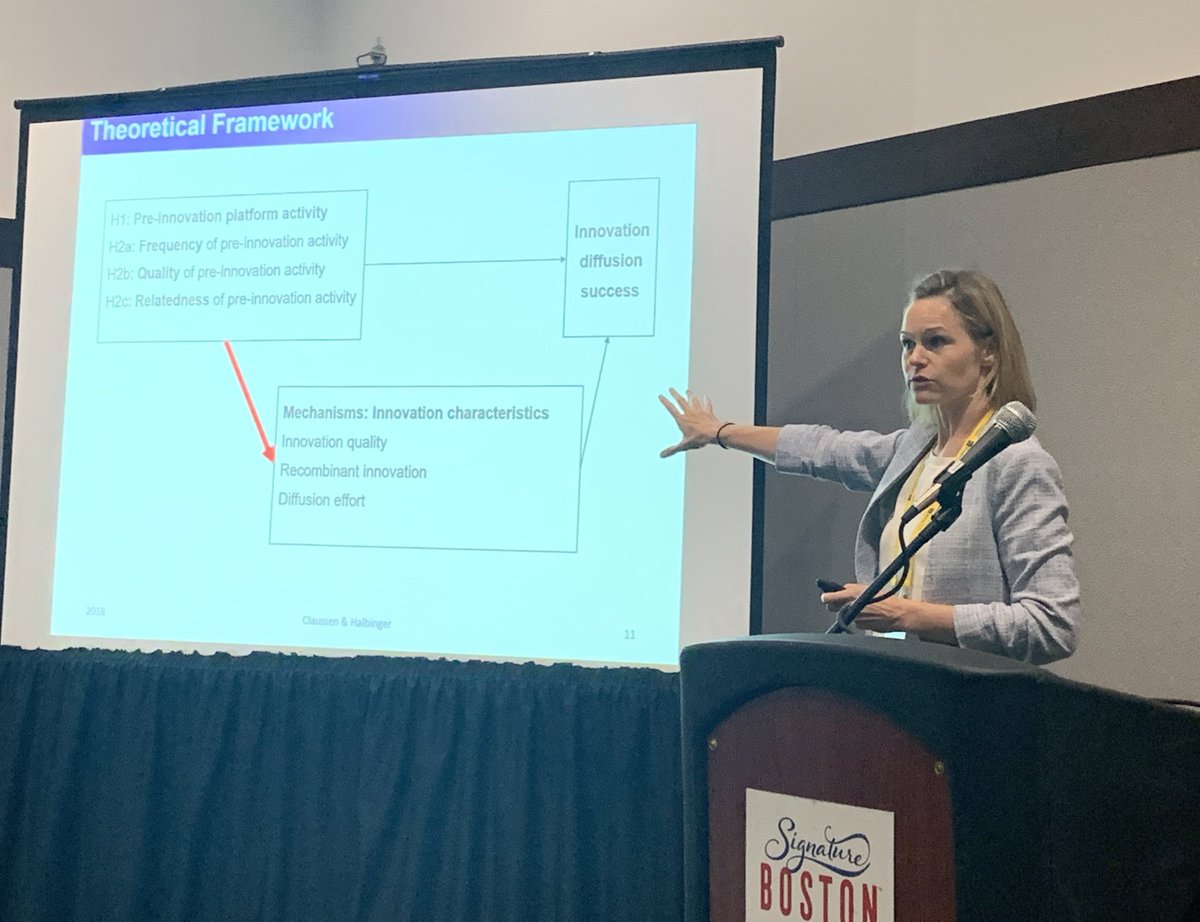 <a href="/mha_ino/">Maria Halbinger</a> presenting our joint paper on the role of pre-innovation platform activity for innovation diffusion success at #AOM2019. We show that platforms can support creation of user innovations and act as diffusion channel.