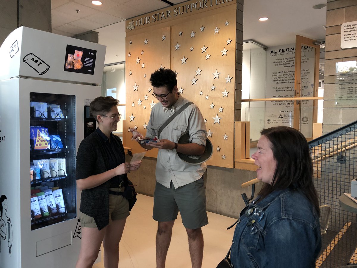 SappProject's tweet photo. In action shot of lovely people enjoying #SAPP project @rotaryartcentre ‘s #artvendingmachine. True Embarrassing & Socially Awkward Stories! #kelowna #kelownaculture #kelownanow https://t.co/irXrZAmS8T