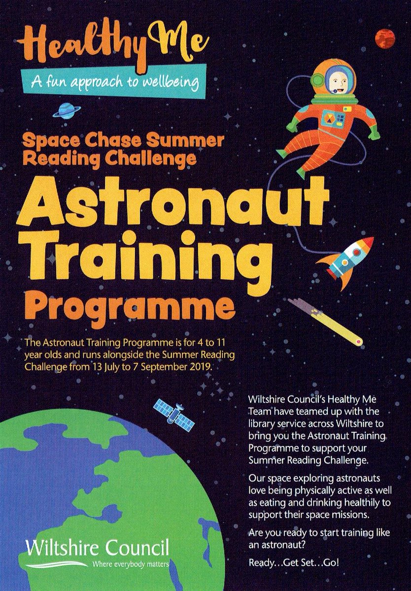 WiltsLibraries's tweet photo. Children signed up for the #SpaceChase #SummerReadingChallenge? Don't forget to complete the #HealthyMe #AstronautTrainingProgramme challenges too - you'll win a free family swim voucher &amp; be in with a chance of winning a children's party! @Sport4Wiltshire https://t.co/TTS5jtt4wC
