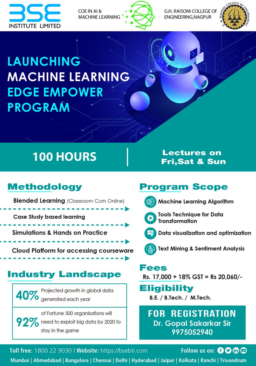 ghrce_nagpur's tweet image. Bombay Stock Exchange Institute Ltd in association with Center of Excellence in AI & ML, GHRCE Nagpur is Launching Machine Learning Edge Empower Program.
Limited seats.
For registration contact: Dr. Gopal Sakharkar, 9975052940
#MachineLearning #BSE #EdgeProgram #AIML #GHRCE
