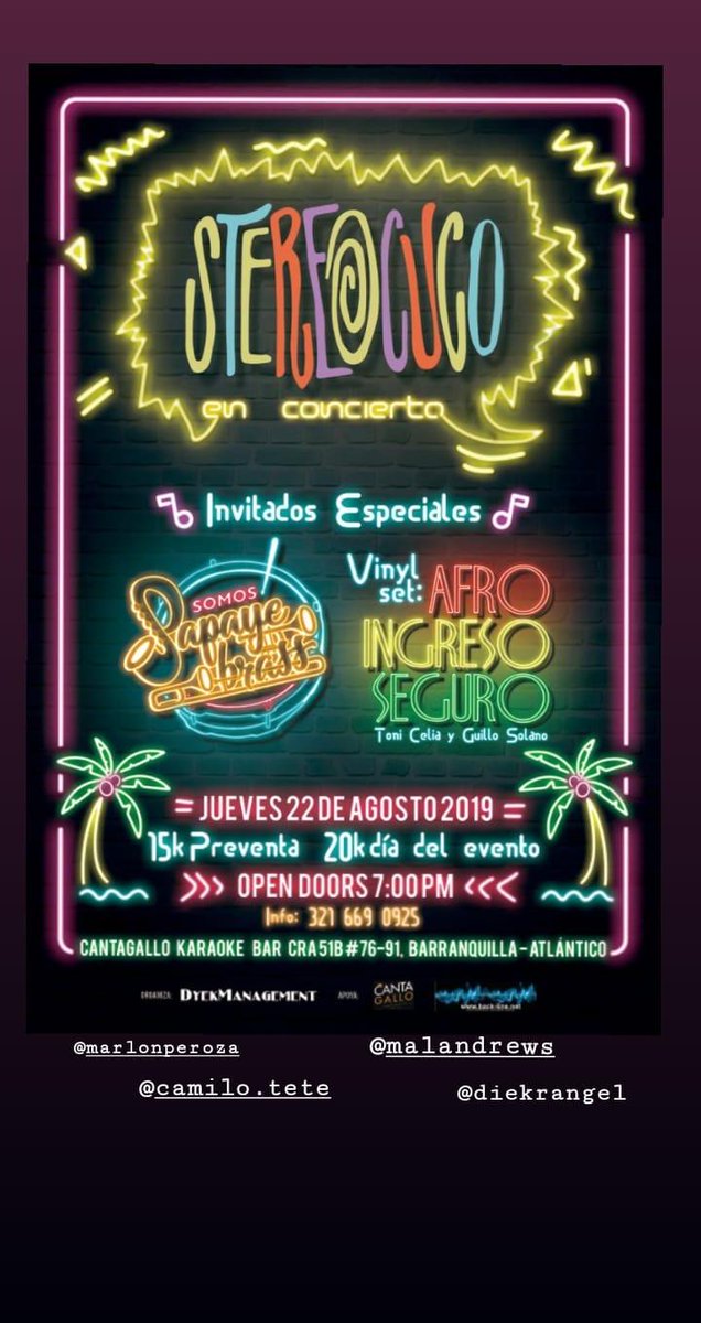 stereocuco's tweet photo. Volvemosss!! Agosto 22 en Barranquilla. Todxs están invitados!!! Riega la bola... 
#Stereocuco
#StereocucoRecargado
@cantagallobar https://t.co/N47FKaQekc
