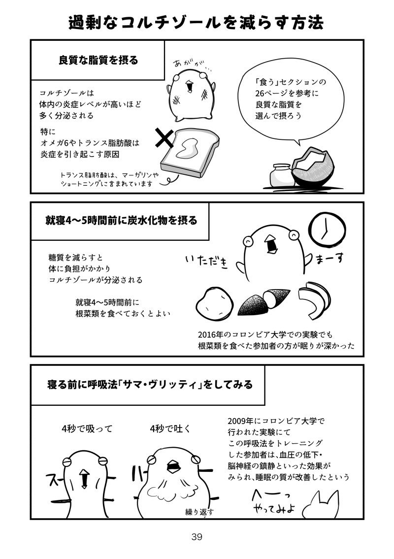 #マンガでわかる痩せる技術
1日の睡眠時間が7時間より少ないと8時間睡眠の人より8倍太りやすくなる。
睡眠を妨げるホルモン「コルチゾール」を減らす方法。
※「②寝る」の章を2ページ描き足しました。ダウンロード版→…