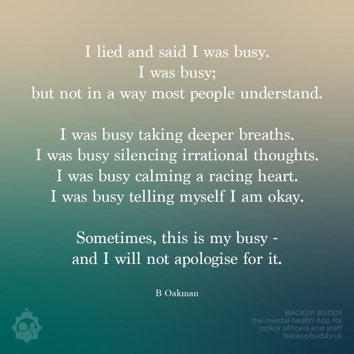 BackupBuddyUK's tweet photo. an achievement in itself is not to apologise for self-care when you need to.❤️ It’s the little steps that count, be proud of those. #mentalhealth #policefamily #ukcoppers #policeuk #Wellbeing https://t.co/XDqaPdRSAI