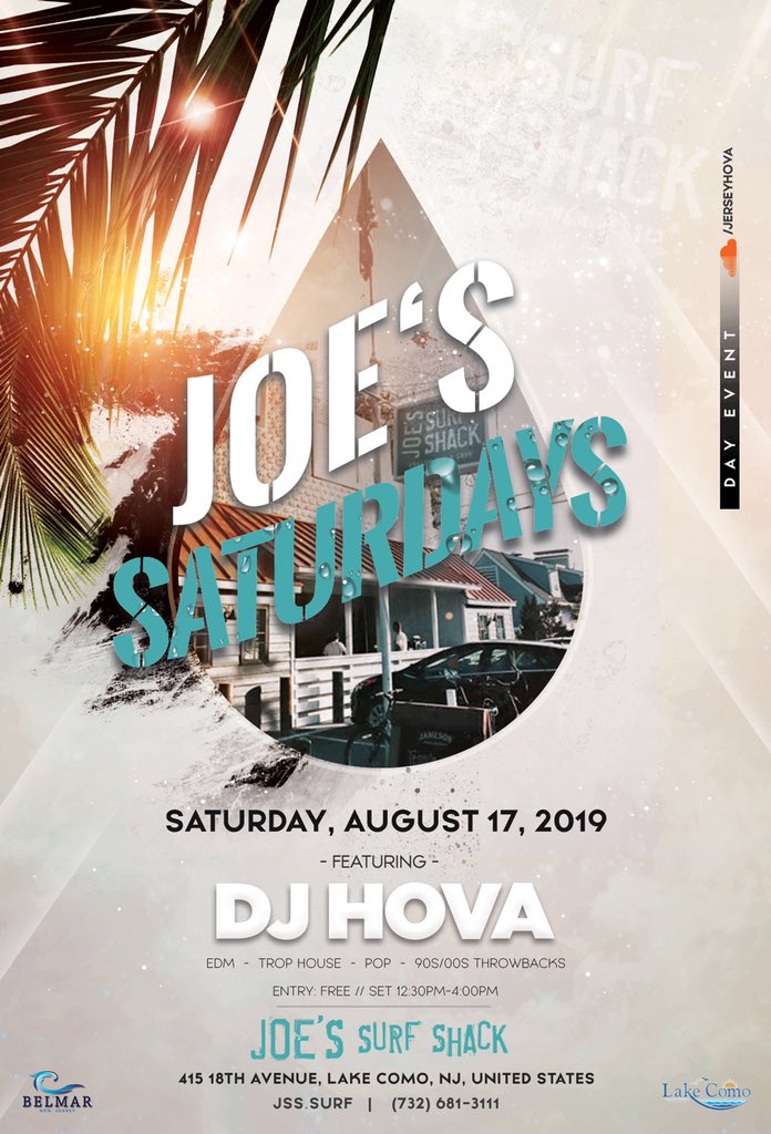 djhovamusic's tweet photo. DJ HOVA at Joe’s Surf Shack

🗓 SATURDAY AUGUST 17TH
🕐 12:30PM ET
🍻 @JoesSurfShack
📍 LAKE COMO, NJ
🌐 https://t.co/55YrvtSraL

#NEILNEILNEIL https://t.co/mAaesvd1T0