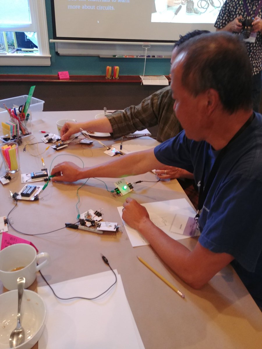 doramedrano777's tweet photo. Yesterday was Day 1 of our Approaches to Maker Education @MakerEdOrg! Our 1st approach was Tinkering to Discover - we used #circuitblocks as a way to let learners make discoveries & lead their own investigations around electricity. So much learning in an open ended way! #MakerEd https://t.co/UygM7LsARJ