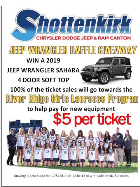 RRHS_glax's tweet photo. Help support River Ridge Girl’s Lacrosse! All proceeds go directly to our lacrosse program. Thanks so much for your donation! You could win a Jeep! 🙌🏼🙌🏼🙌🏼🥍🥍🥍🥍🥍❤️❤️ https://t.co/i0KxNeJ1ff