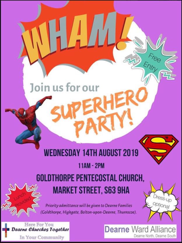 tescowath's tweet photo. Just a reminder about “Superhero Party” at Goldthorpe Pentecostal Church tomorrow Wed 14th August 11am-2pm.
@tescowath have supplied pies, peas, hot dogs, water, juice and a selection of fruit for this event.
So, be a HERO and come along!
#SupportingLocalEvents https://t.co/FUFgyfUnUP