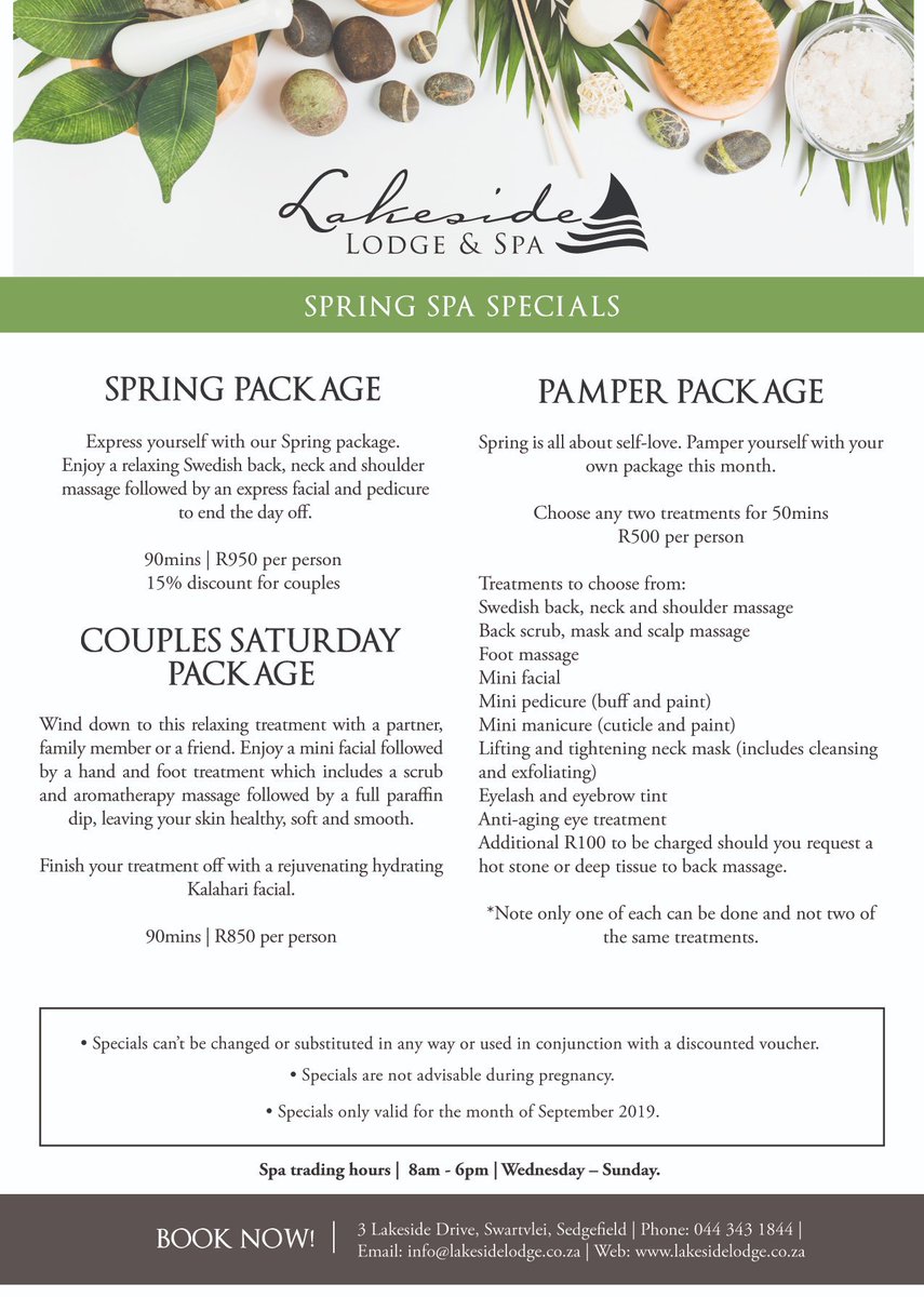 Pamper yourself or a partner with one of our Spring Spa Specials. 

Delight in either the Spring, Pamper or Couples package. 

Only available in September 2019. 

To make an advanced booking: 
lakesidelodge.co.za/spa | phone:  044 343 1844 or email: info@lakesidelodge.co.za