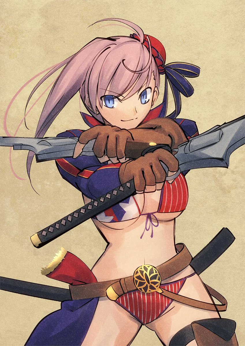 宮本武蔵(Fate) ,宮本武蔵(水着) ,miyamoto_musashi_(swimsuit_berserker)_(second_ascension)_(fate) 「はーよー!
#FGO #FateGO 」|しょ～り@Skeb依頼お気軽にどうぞ。配信用Live2Dモデルのデザイン＆制作承ります。のイラスト