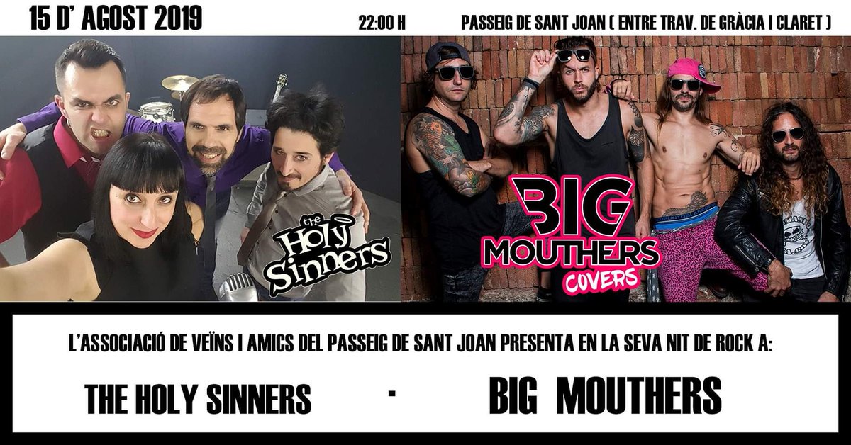 HolySinners's tweet photo. 15/08 Inaugurem les Festes amb els @bigmouthers! Let's rock! Davant l'estàtua d'en Clavé!
#fembarri #passeigdesantjoan #festamajorgràcia #rockandroll #rock #garage #bigmouhers #theholysinners #spicyrocknroll #wormriders #redroselipstickismychoice #soltadalkraken https://t.co/EuXD2o9jIg