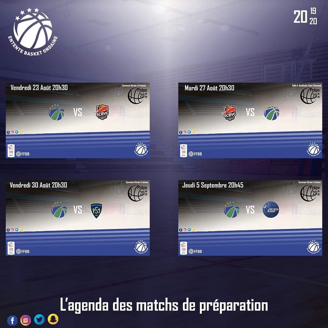 [📢 INFORMATION N.F.3 📢] – Saison 2019-2020 🏀🔜
J-2 avant la reprise💪
➡️ Voici l'agenda des matchs de préparation qui attendent notre équipe fanion féminine 🧐
4️⃣ tests avant d'attaquer cette nouvelle saison 
1er Tour de Coupe le 7 ou 8 Septembre
Championnat le 15 Septembre 🥳