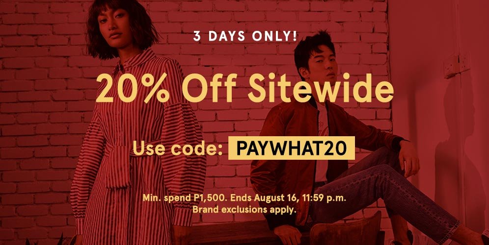 collectoffersph's tweet image. Hurry, shop for your favorite items and also get a sitewide discount of 20% by using this unique Zalora Promo code upon checkout. (Minimum spend P1500)
Get Code:
bit.ly/2O8ZBbJ
#zalorapromocode #zaloracouponcode #Philippinesfashion #Collectoffers #Philippines