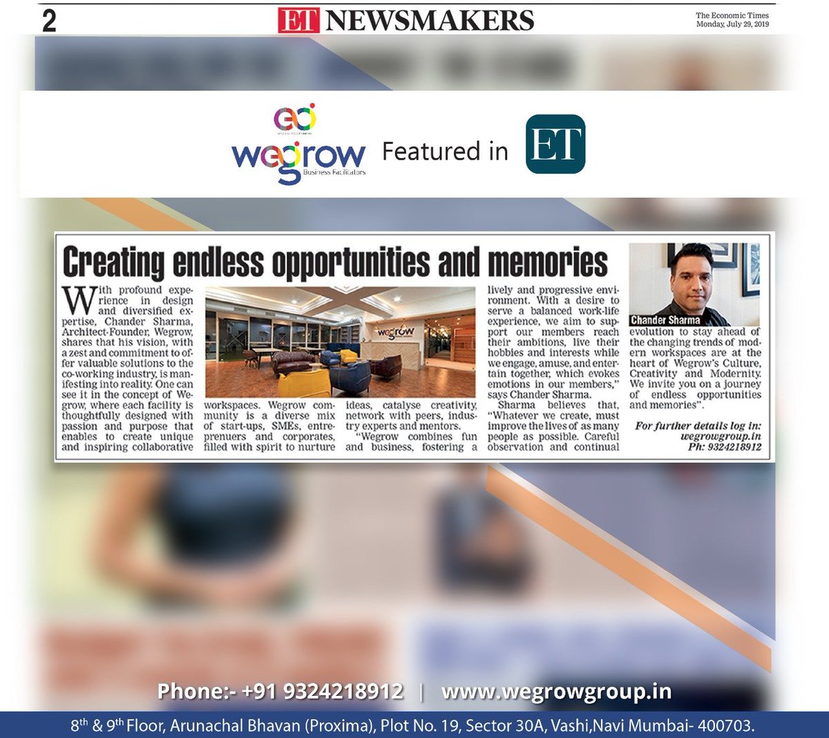 OwWegr's tweet photo. Our Founder, Mr.Chander Sharma, has shared some wonderful insights in the form of an article on the co-working industry and how we (at WeGrow) are creating endless opportunities and memories. Proud to share that this article featured in the "ET Newsmakers" on July 29, 2019. https://t.co/V3QuAhAvIG