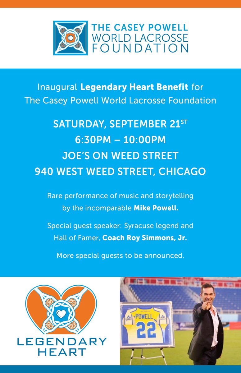 caseypowell22's tweet photo. Going to be an awesome weekend in Chicago. All proceeds benefit the #CPWLF and our mission to support injured and sick lacrosse players. Get tickets today as we expect this event to sell out. #CoachSimmons #MikePowell #lacrossefamily https://t.co/KexRKPYTlK