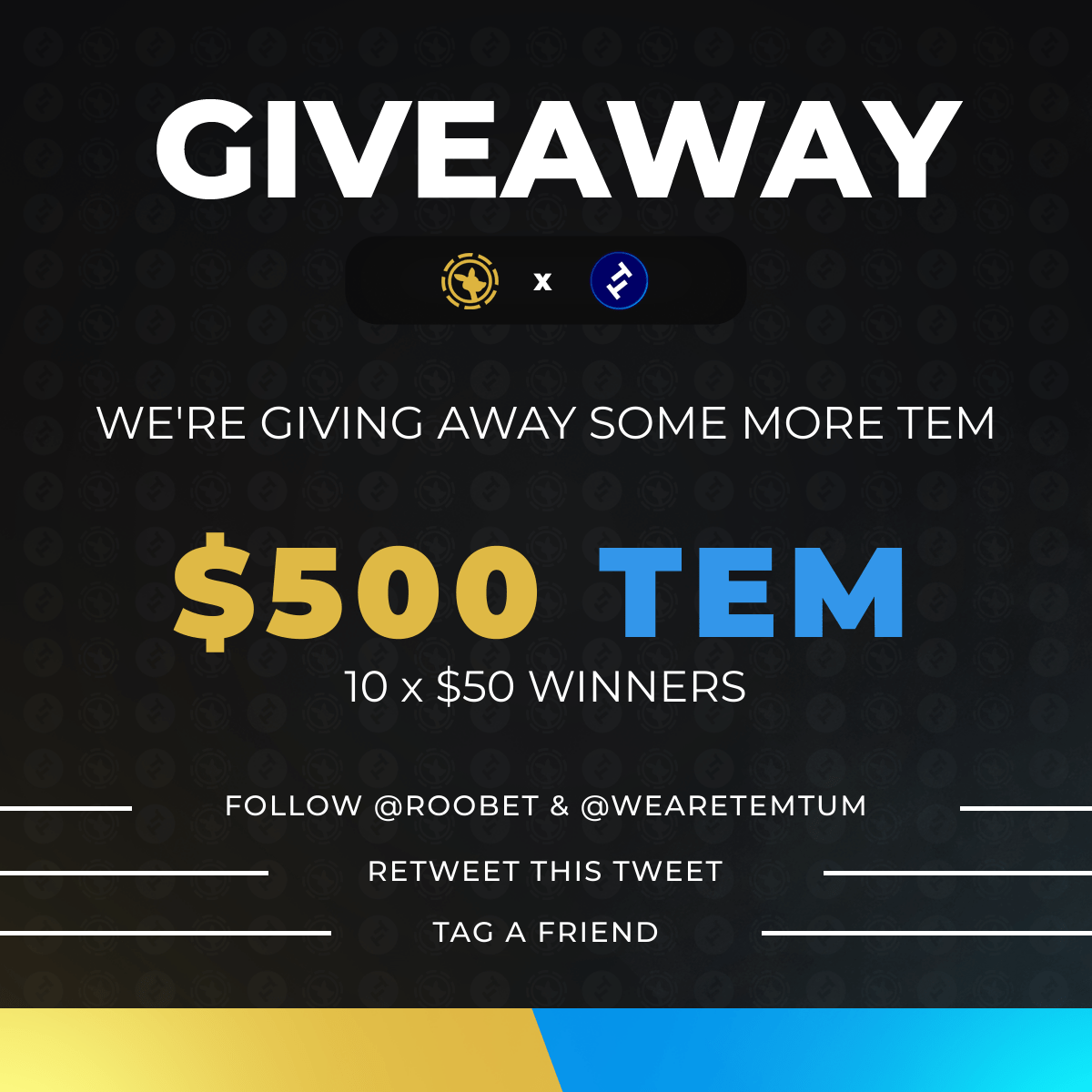 Roobet's tweet photo. We're giving away more TEM! We have another $500 to give away to 10 lucky people.

To enter:
1. Follow @Roobet &amp; @wearetemtum
2. Retweet this tweet
3. Tag a friend

Ends in 7 days - Check out https://t.co/mYEYBdOoTD for information on how to get more free TEM! https://t.co/xZTJ9rbYaP