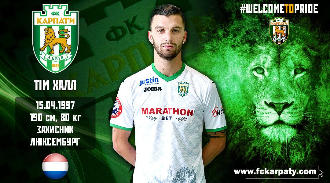 FCKarpatyLviv's tweet photo. Тім Халл – гравець «Карпат» 

«Зелено-білі» поповнилися захисником збірної Люксембургу Тімом Халлем. 22-річний футболіст виступатиме в «Карпатах» під 34-м номером. Тривалість дії угоди – два роки. https://t.co/XPS12RWv4S