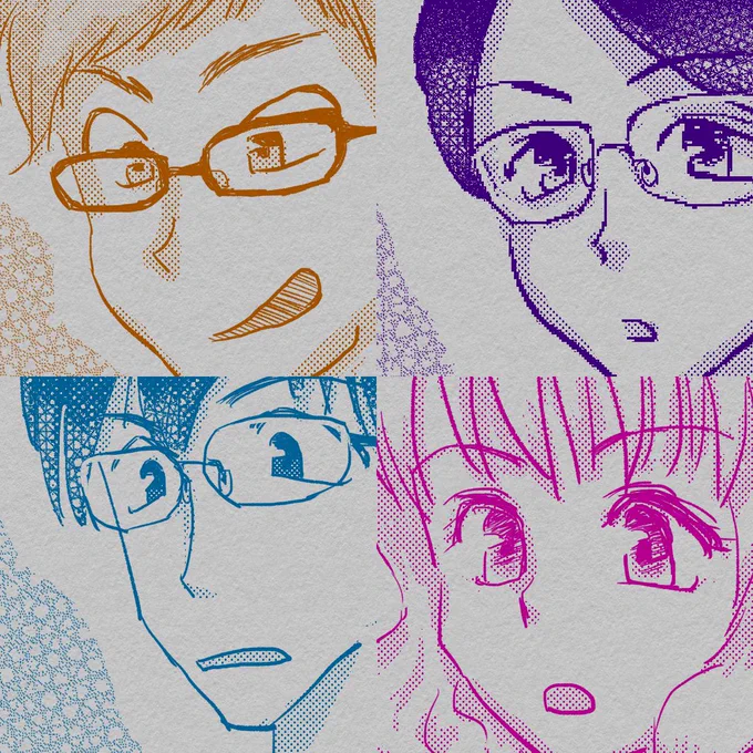 ざらざらのコミック紙(グレー)風に本文色刷りで印刷した風。
なつみ(右上)の解像度が悲しいけど色刷りかわいい!
電子版(PDF)なら色替えも紙替えもし放題だぜ!
二色刷り風も絶対かわいいはず……データ作るのめんどいけど印刷所用のデータじゃないからマシかな。 #進捗 