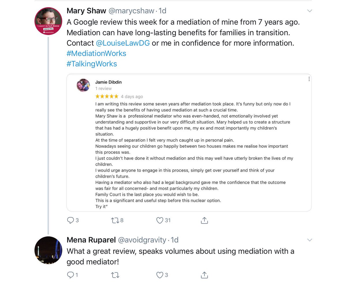 DavidGrayLLP's tweet photo. This fantastic review for our @marycshaw and family #mediation shows just  how important it can be to choose the best way to sort things out for your children and family. 
#Divorce 
#Separation 
#coparenting https://t.co/9027yPEDAz